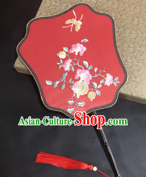 China Handmade Red Silk Fan Ancient Princess Fans Traditional Wedding Fan Vintage Embroidered Pomegranate Flower Palace Fan