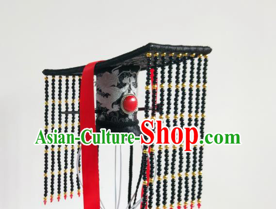 Handmade Chinese Qin Dynasty Emperor Hair Crown Ancient Royal King Headwear Drama Traditional Hanfu Black Beads Tassel Hat