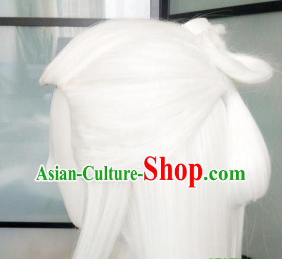 Handmade Chinese Cosplay God King White Wigs Ancient Swordsman Headwear Drama Eternal Love Immortal Emperor Donghua Chignon Headdress