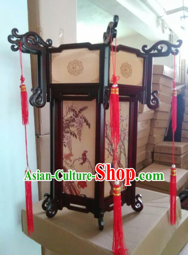 China Handmade Painting Flowers Bird Palace Lantern Traditional Hexagon Light Lamp Festival Hanging Lantern Classical Wood Carving Lanterns