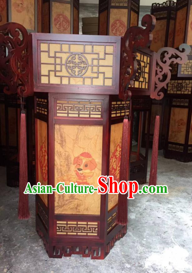 China Classical Wood Carving Lanterns Handmade Painting Dog Palace Lantern Traditional Hexagon Light Lamp Spring Festival Hanging Lantern