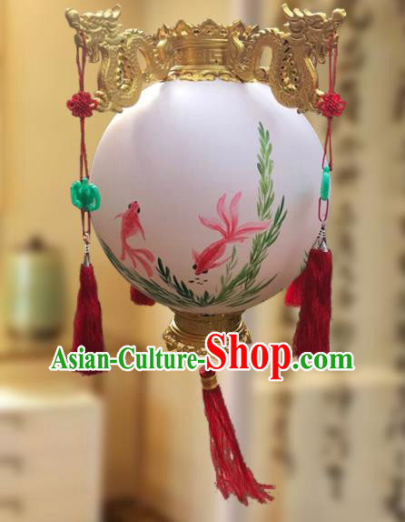 China Golden Dragon Head Hanging Lantern Classical Wood Lanterns Handmade Vintage Palace Lantern Traditional Painting Fish Light Lamp