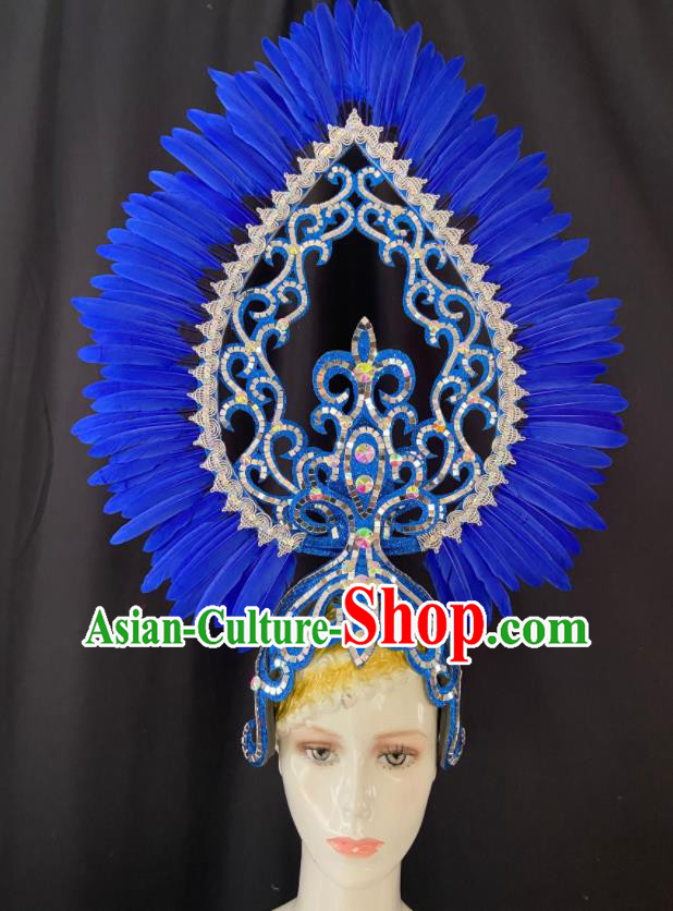 Handmade Deluxe Hair Accessories Halloween Royalblue Feather Royal Crown Brazil Parade Giant Headpiece Rio Carnival Headdress