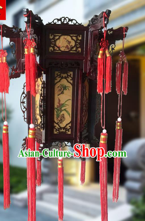 China Traditional Festival Light Lamp Handmade Wood Hanging Lantern Classical Hexagon Lanterns Vintage Painting Plum Orchids Bamboo Chrysanthemum Palace Lantern