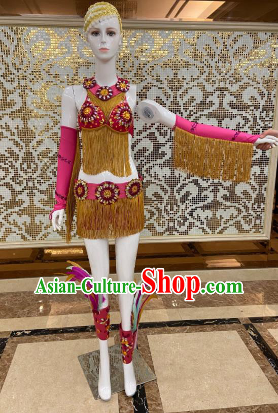 Custom Samba Dance Rosy Uniforms Brazilian Carnival Costumes Professional Catwalks Clothing Woman Tassel Swimsuits
