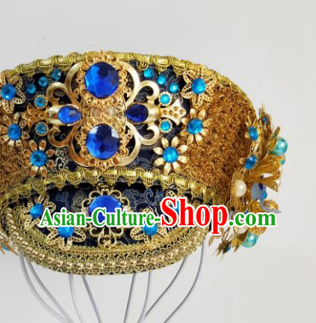 China Ancient Manchu Queen Golden Hair Crown Traditional Drama Court Hair Accessories Qing Dynasty Imperial Empress Hat Headdress
