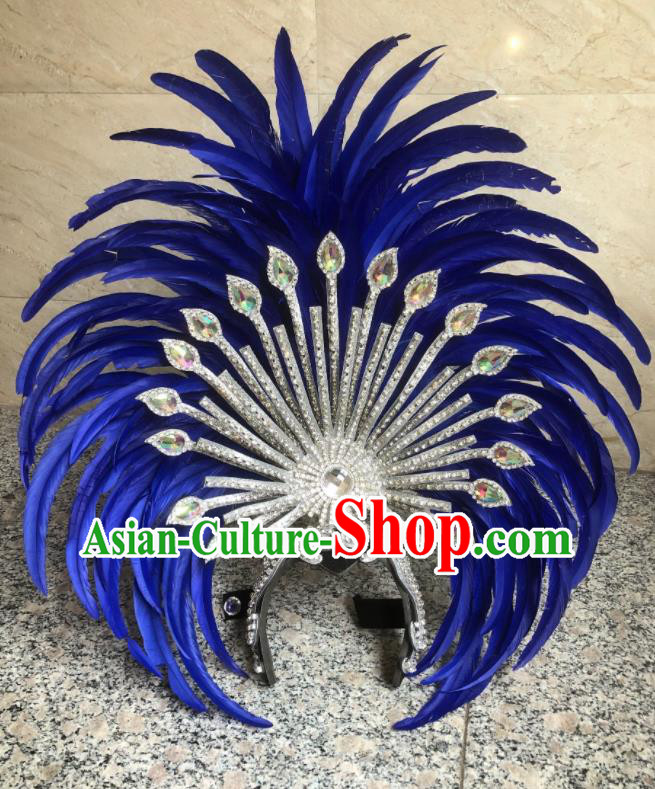Handmade Stage Show Hair Accessories Halloween Deluxe Headwear Brazil Carnival Giant Headpiece Samba Dance Royalblue Feather Royal Crown