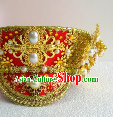 China Ancient Manchu Empress Pearls Hair Crown Traditional Drama Ruyi Royal Love in the Palace Hair Accessories Qing Dynasty Queen Red Hat Headdress