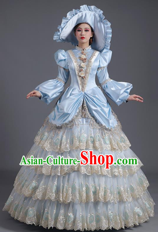 Custom Western Style Court Clothes Europe Vintage Garment Costume Stage Performance Fashion European Countess Blue Full Dress