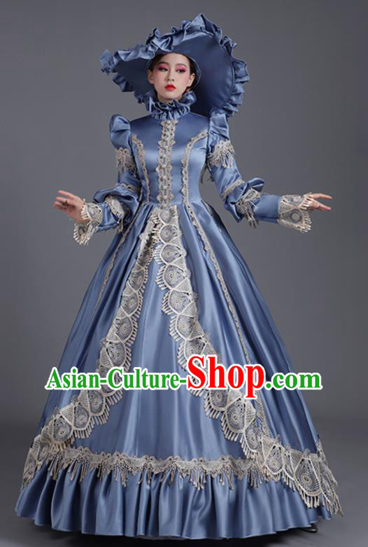 Custom European Countess Blue Full Dress Western Style Court Clothes Europe Vintage Garment Costume Stage Performance Fashion