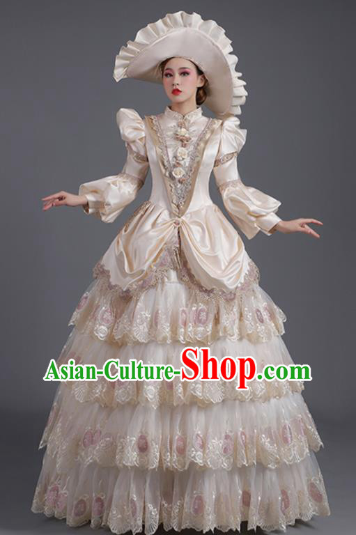 Custom Europe Vintage Full Dress Stage Performance Fashion European Noble Lady Beige Dress Western Style Court Clothing