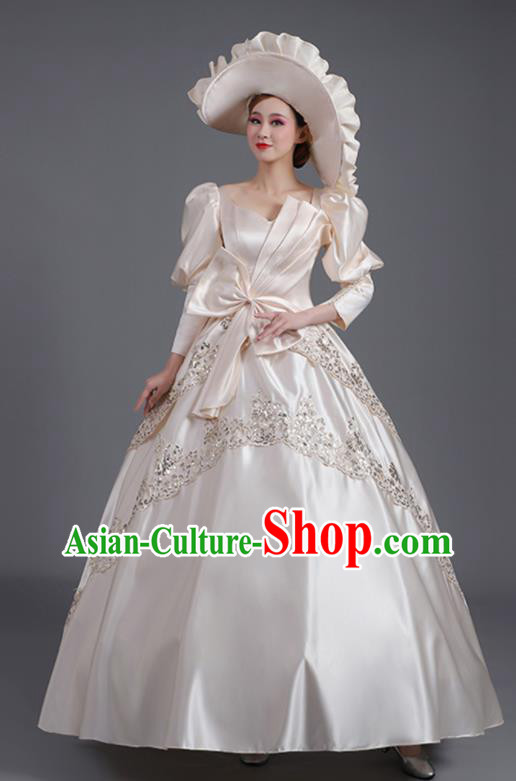Custom Stage Performance Fashion European Noble Lady Champagne Satin Dress Western Medieval Age Court Clothing Europe Vintage Full Dress