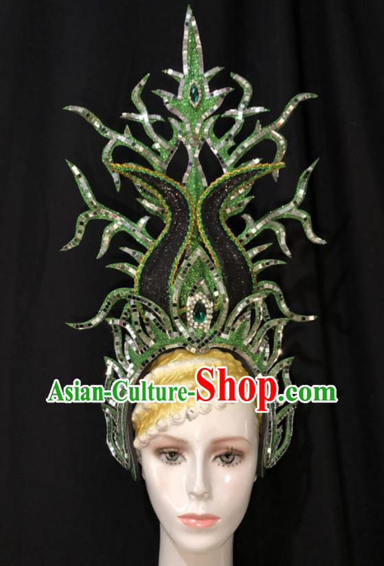 Handmade Brazil Carnival Deluxe Headpiece Samba Dance Green Royal Crown Halloween Hair Accessories Cosplay Show Giant Hat