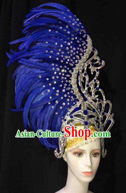 Handmade Rio Carnival Royalblue Feather Headwear Stage Show Royal Crown Halloween Cosplay Giant Headpiece Samba Dance Hair Accessories