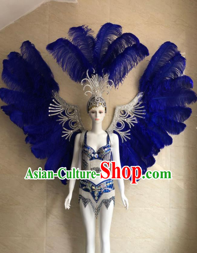 Custom Brazilian Carnival Costumes Professional Catwalks Clothing Woman Swimsuits Samba Dance Uniforms and Royalblue Feather Wings Headdress
