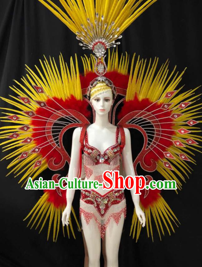 Custom Samba Dance Uniforms Brazilian Carnival Costumes Professional Catwalks Clothing Woman Swimsuits and Red Feather Butterfly Wings Headdress