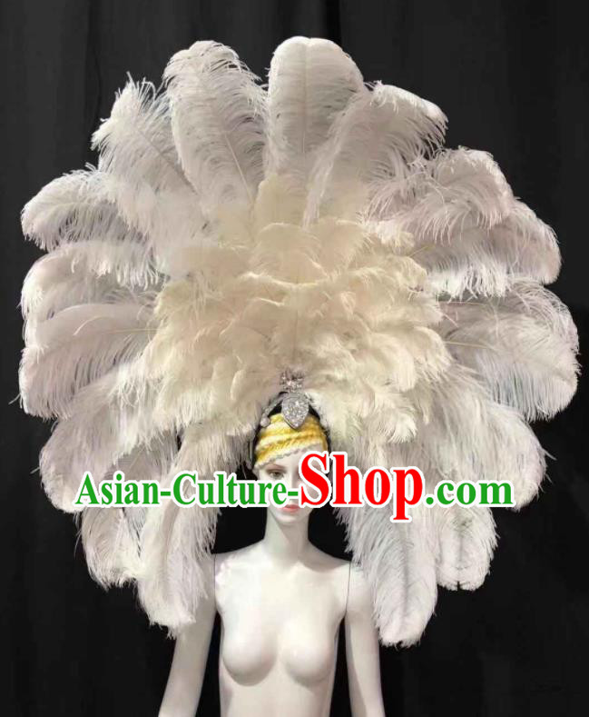 Handmade Samba Dance Giant Headpiece Rio Carnival Headdress Catwalks White Feather Royal Crown Halloween Cosplay Hair Accessories