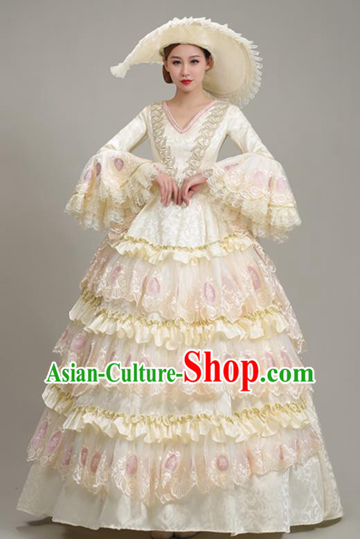 Custom Western Court Beige Lace Full Dress Europe Vintage Garment Costume Noble Woman Fashion European Stage Performance Clothing
