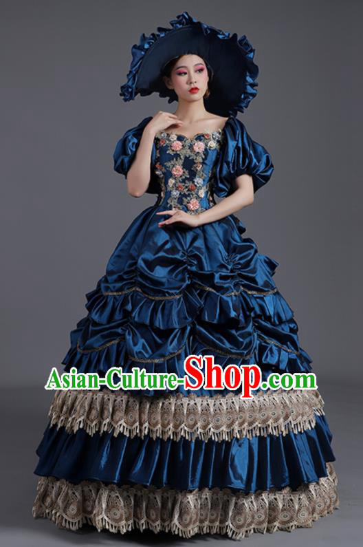 Custom Europe Vintage Garment Costume Drama Performance Fashion European Royal Princess Clothing Western Stage Deep Blue Full Dress