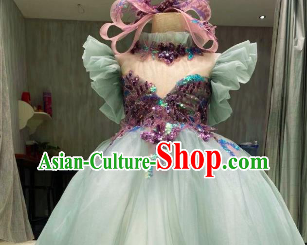 Top Girl Compere Evening Garment Children Stage Performance Green Veil Full Dress Catwalks Show Clothing