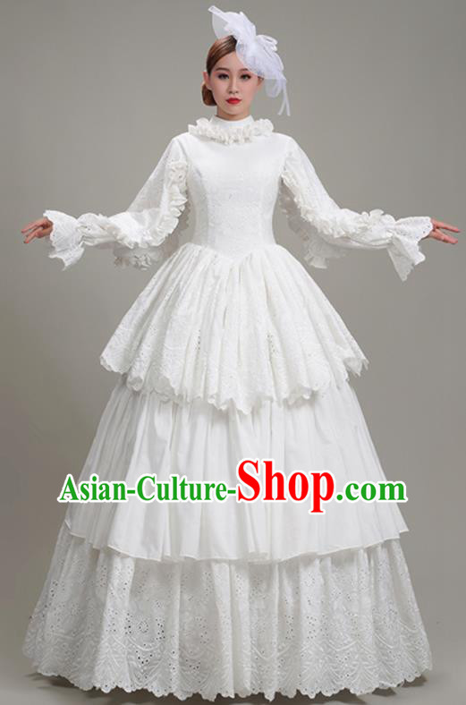 Custom European Noble Lady White Lace Dress Western Medieval Age Clothing Europe Vintage Full Dress Court Fashion