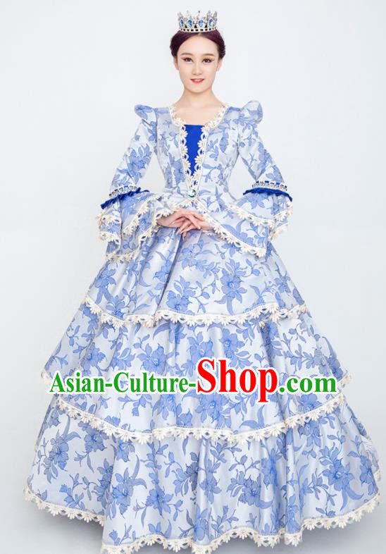 Custom European Noble Woman Printing Blue Dress Europe Drama Stage Clothing Vintage Full Dress Western Court Fashion