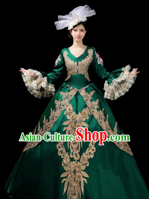Custom European Medieval Green Full Dress Drama Performance Fashion Woman Catwalks Dress Europe Countess Clothing