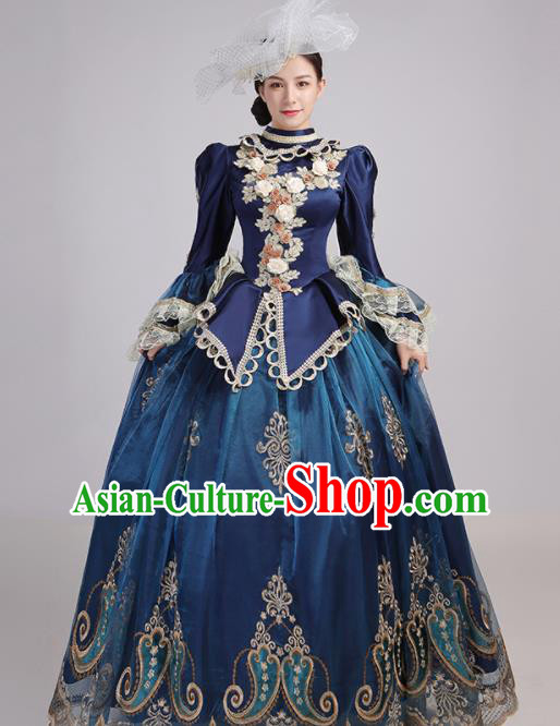 Custom Drama Performance Fashion Western Woman Catwalks Dress Europe Countess Clothing European Medieval Navy Full Dress