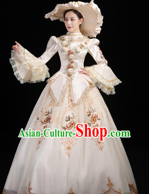 Custom Western Stage Opera Fashion Europe Noble Lady Clothing Catwalks Beige Full Dress European Medieval Vintage Dress