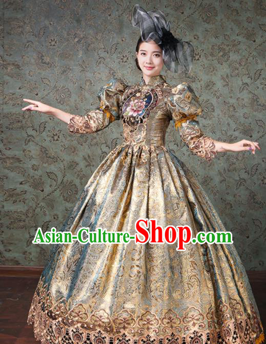 Custom Western Vintage Fashion Europe Duchess Clothing Catwalks Golden Full Dress European Court Woman Dress