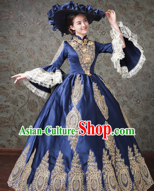 Custom European Court Woman Dress Western Vintage Fashion Europe Duchess Clothing Catwalks Deep Blue Full Dress