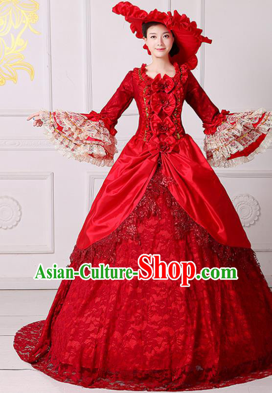 Custom Western Vintage Fashion Europe Royal Princess Clothing Catwalks Red Lace Trailing Full Dress European Queen Dress