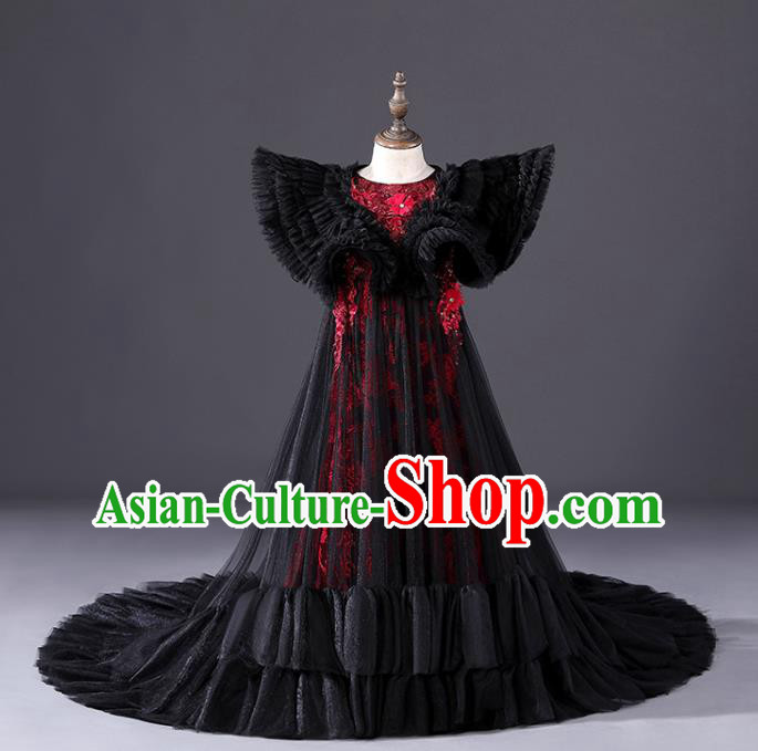 Top Christmas Gothic Princess Fashion Garment Children Stage Show Formal Clothing Girl Catwalks Black Angel Wings Evening Dress