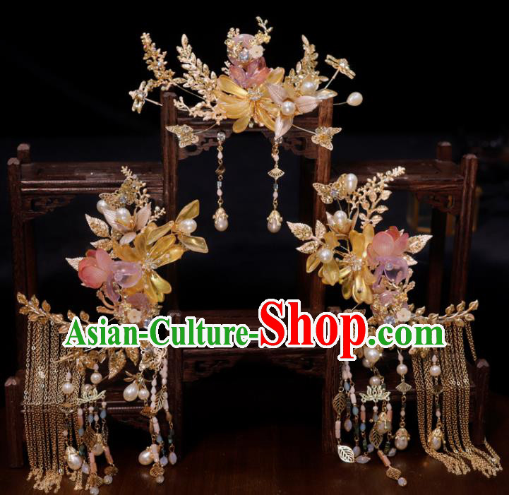 Chinese Classical Wedding Hair Accessories Ancient Bride Hair Crown and Tassel Hairpins Xiuhe Suits Headdress Handmade Headwear