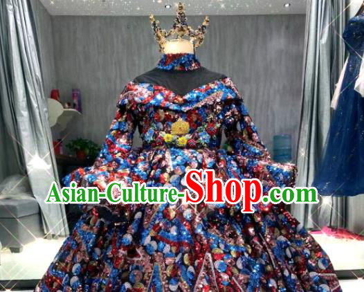 Top Children Stage Performance Full Dress Girl Catwalks Show Sequins Clothing Baroque Princess Evening Garment