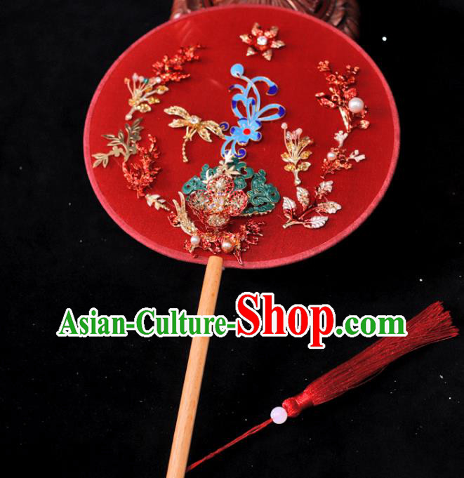 Handmade China Traditional Red Silk Fan Classical Dance Palace Fan Wedding Cloisonne Fan Ancient Bride Circular Fan