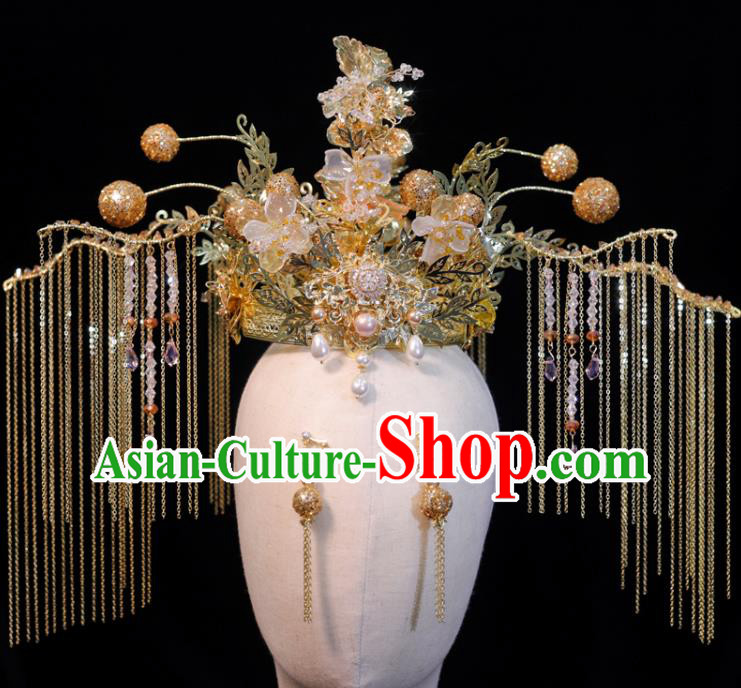 Chinese Ancient Bride Golden Tassel Hair Crown Classical Hair Accessories Xiuhe Suits Phoenix Coronet Handmade Wedding Headdress