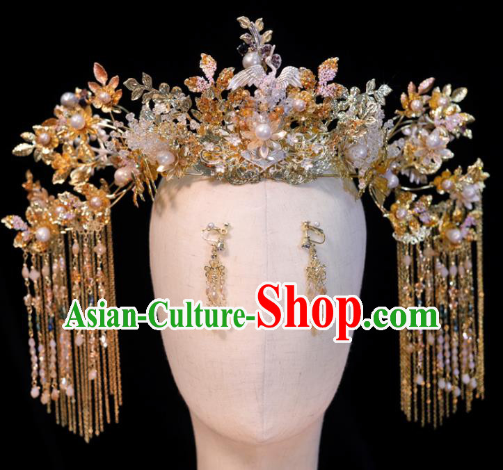 Chinese Xiuhe Suits Tassel Phoenix Coronet Handmade Wedding Headdress Ancient Bride Hair Crown Classical Hair Accessories