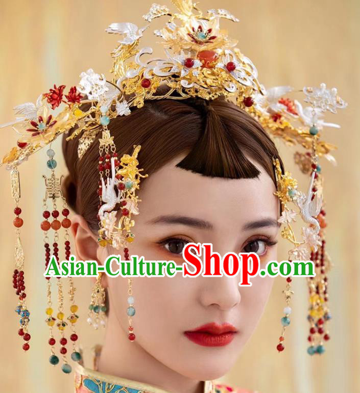 Chinese Handmade Xiuhe Suits Headdress Ancient Bride Golden Hair Crown Wedding Hair Accessories Classical Phoenix Coronet and Hairpins