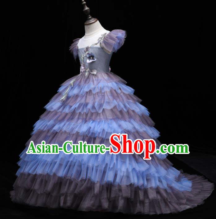 Top Girl Princess Embroidered Fashion Garment Children Stage Show Formal Clothing Catwalks Purple Veil Trailing Evening Dress