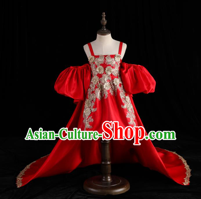 Top Children Stage Show Formal Clothing Catwalks Red Trailing Evening Dress Girl Princess Fashion Garment