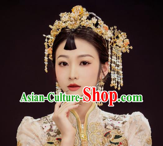 Chinese Handmade Wedding Hair Accessories Ancient Bride Golden Phoenix Coronet Classical Tassel Hairpins XiuHe Headpieces