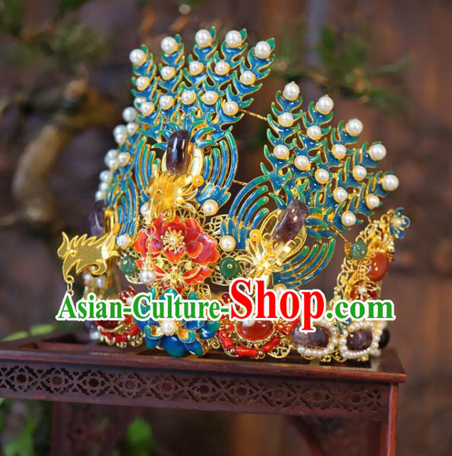 Chinese Handmade Qing Dynasty Queen Headdress Wedding Hair Accessories Ancient Bride Enamel Phoenix Coronet Classical Amethyst Hair Crown