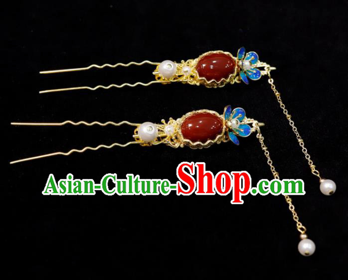 Chinese Wedding Hair Accessories Ancient Bride Agate Hairpin Classical Tassel Hair Stick Handmade Qing Dynasty Queen Headpiece