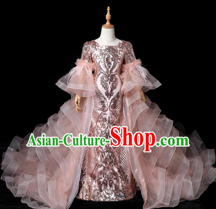 Top Baroque Girl Princess Fashion Garment Children Stage Show Formal Clothing Catwalks Pink Trailing Evening Dress