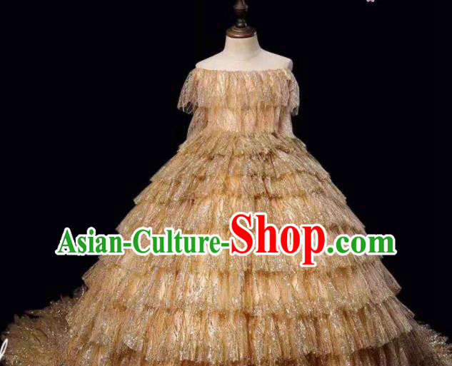 Top Girl Princess Off Shoulder Fashion Garment Children Stage Show Formal Clothing Catwalks Golden Trailing Evening Dress