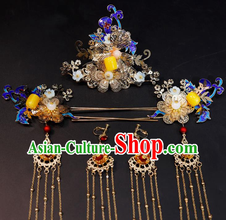Chinese Traditional Hanfu Hair Accessories Ancient Cloisonne Hair Crown Classical Tassel Hairpins Handmade Wedding Headdress