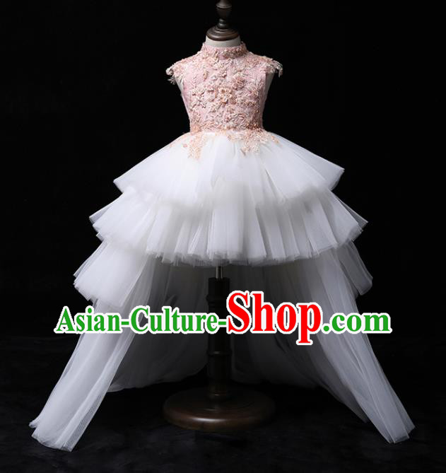 Top Children Birthday Formal Clothing Girl Catwalks White Veil Trailing Evening Dress Princess Fashion Garment
