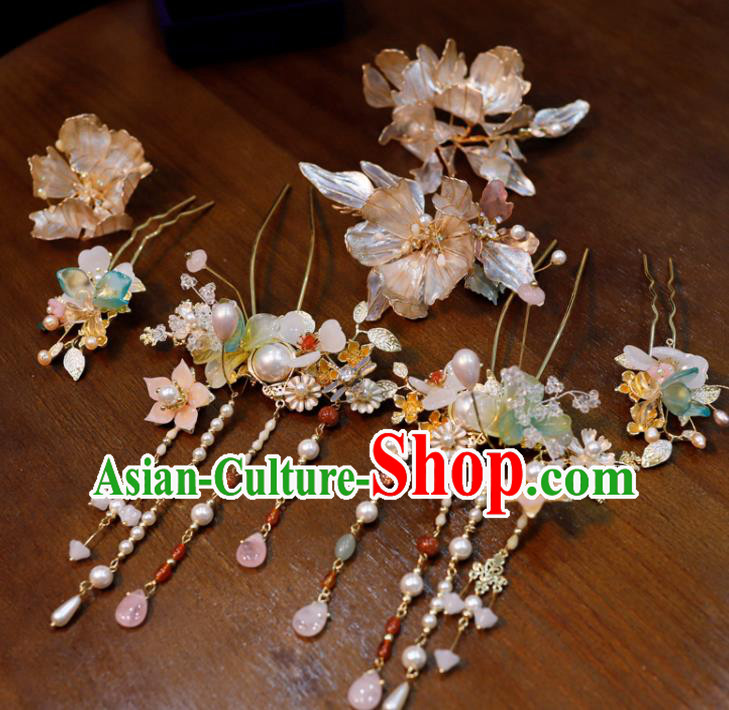 Chinese Classical Flowers Hair Comb Handmade Wedding Headpieces Traditional XiuHe Hair Accessories Ancient Bride Pearls Tassel Hairpins Complete Set