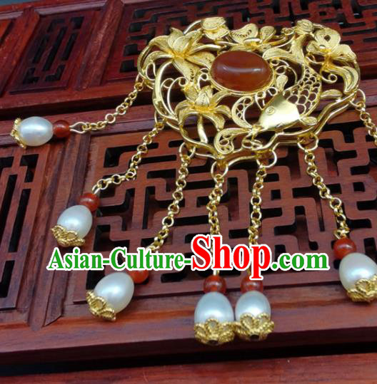 Chinese Ming Dynasty Golden Necklace Handmade Longevity Lock Classical Hanfu Tassel Necklet Pendant